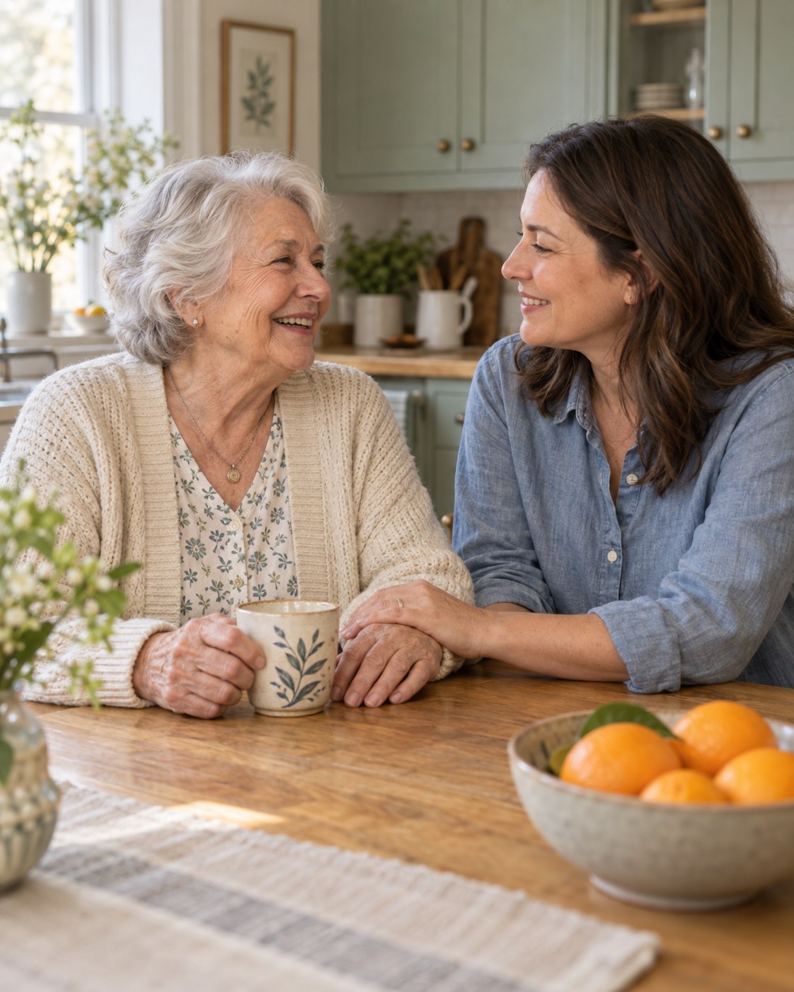 Illustrative photograph of an older woman and her adult daughter sharing a warm moment at home.