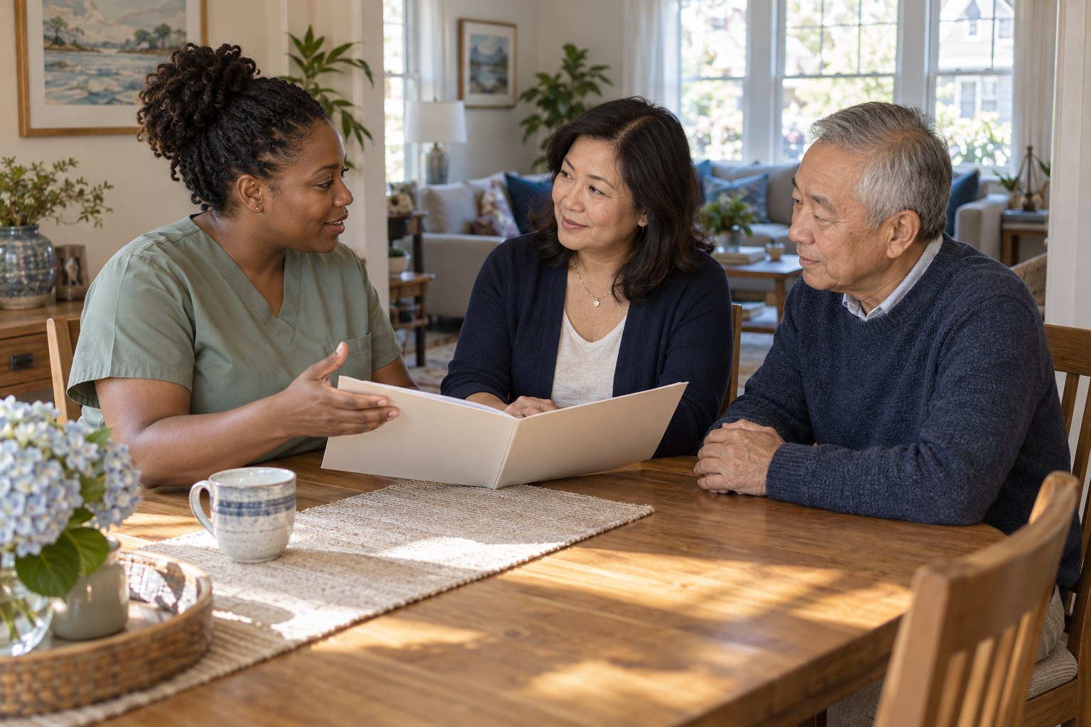Illustrative photograph of a nurse, caregiver and older adult in conversation at home.