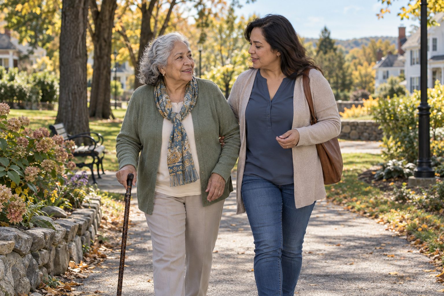 An older woman with a walking cane and her adult daughter enjoying a neighborhood walk.