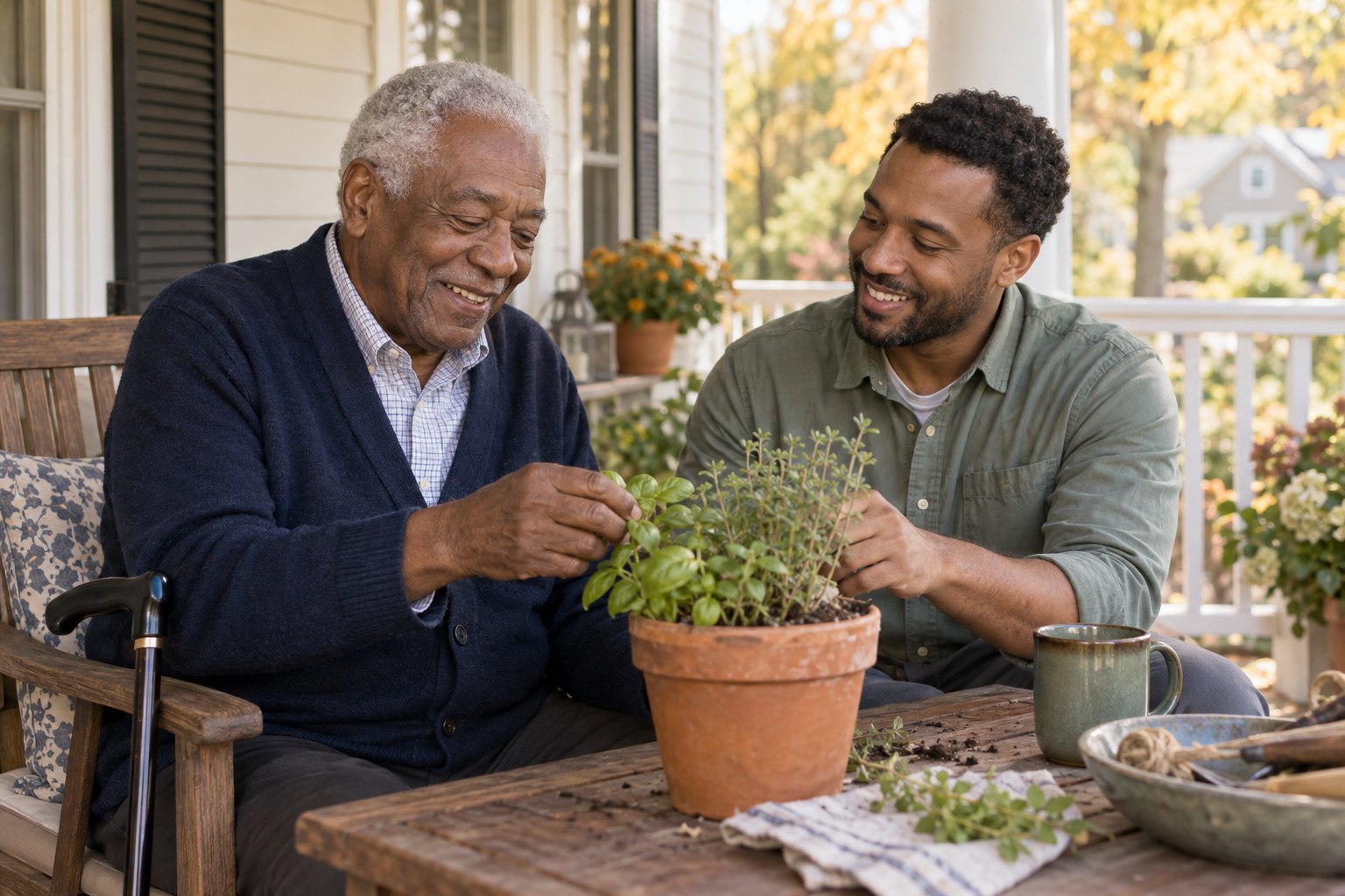 Illustrative photograph of an older adult and caregiver tending herbs together on a porch.