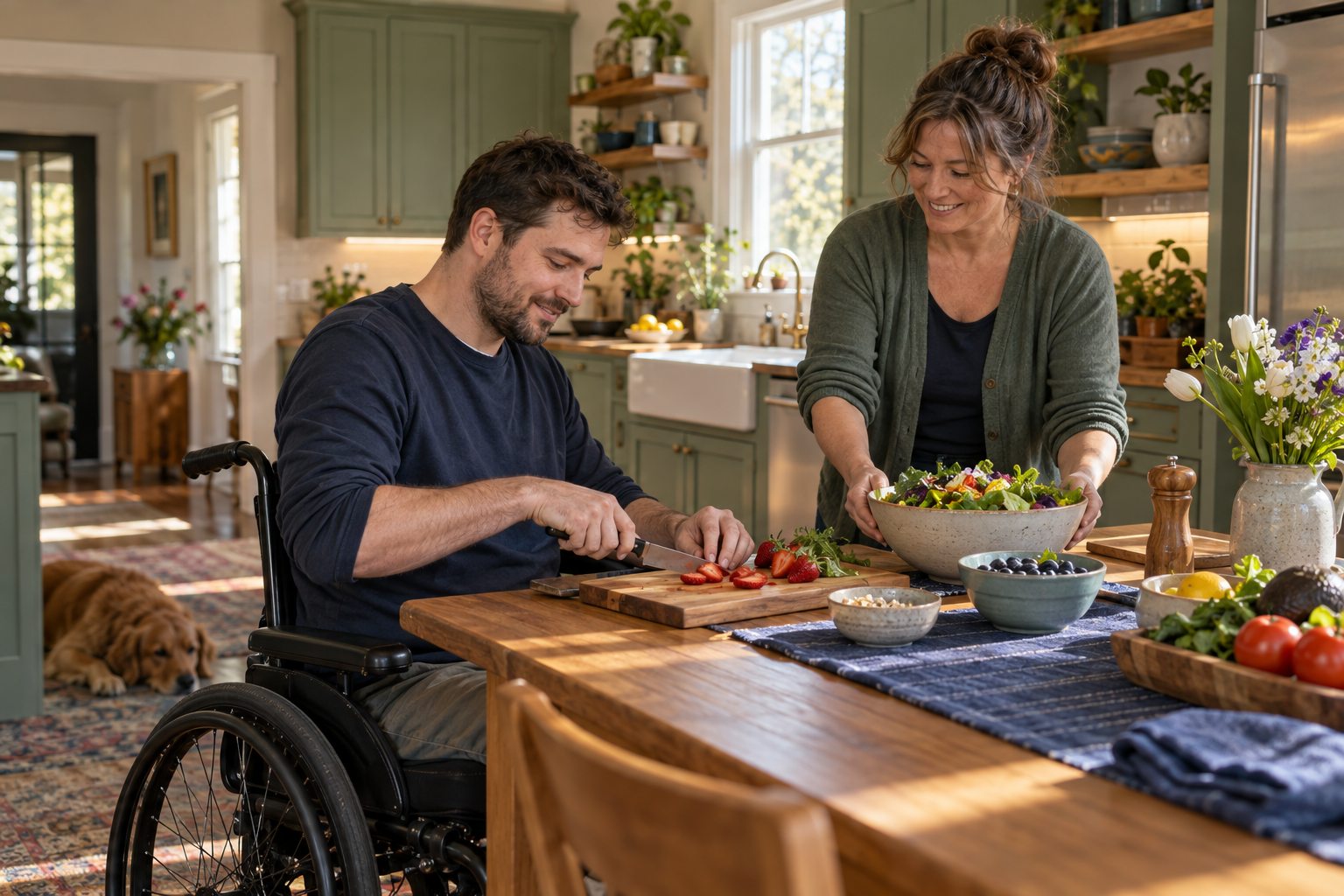 An adult wheelchair user and caregiver preparing lunch together in a bright home kitchen.